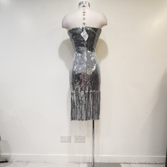 💋GLAM & SEXY💋1920's Flaper Vibe Fringe Strapless Dress in Silver Sequin - Picture 7 of 14